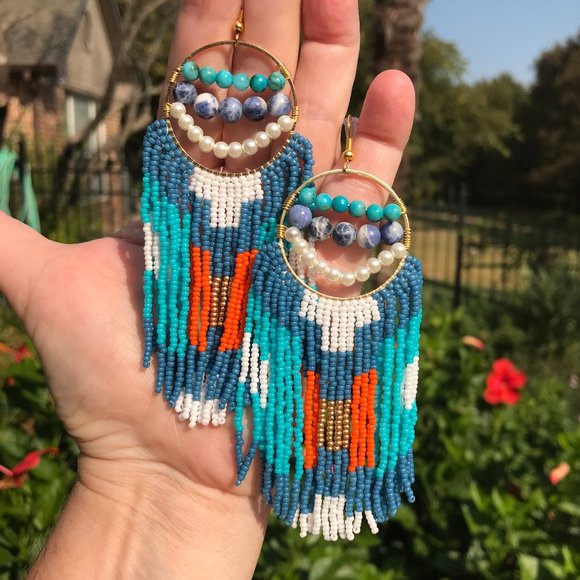 Long Hand Beaded Fringe Earrings Seed Bead Hoop Native Southwest Western Cowboy - Picture 5 of 5